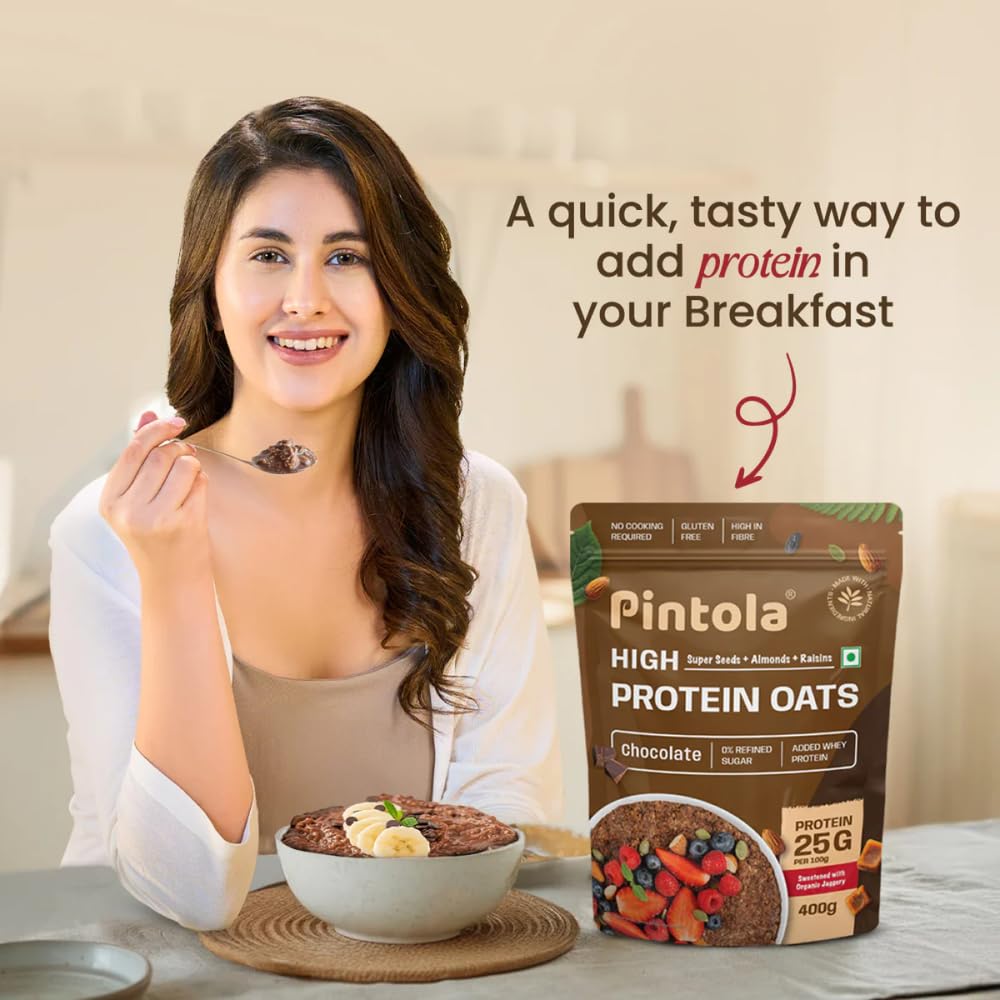 PINTOLA 25g High Protein Oats 400g, Dark Chocolate,No Refined Sugar, with Almonds Raisin, Pumpkin and Chia Seeds, 8g Fibre, Rolled Oats for weight loss, Breakfast Cereals | Gluten Free