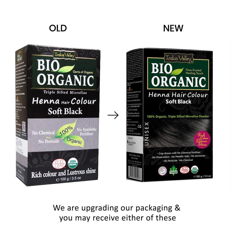 Comparison of Bio Organic Henna Hair Colour packaging, old and new versions.