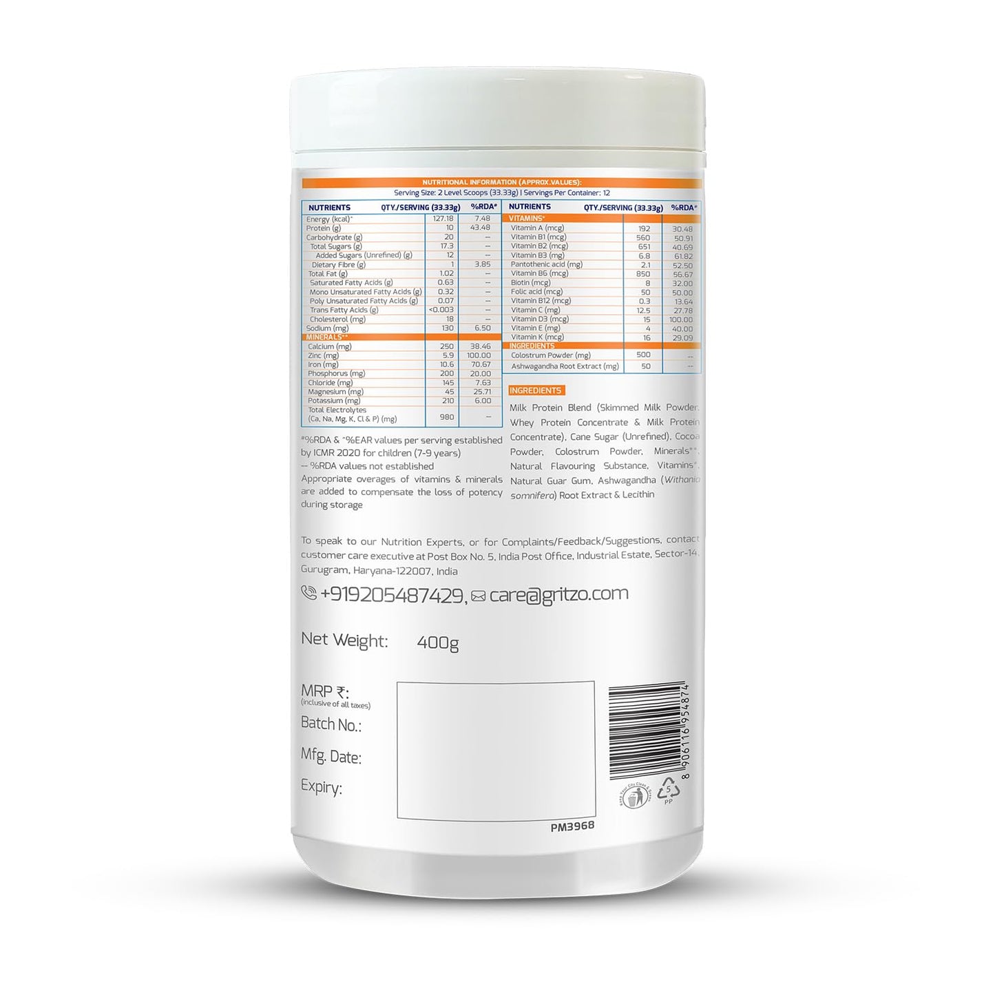 Gritzo SuperMilk Height+ (7-12y Boys), 10g Protein Powder (Double Chocolate, 400g) | Zero Refined Sugar, 21 Vitamins & Minerals