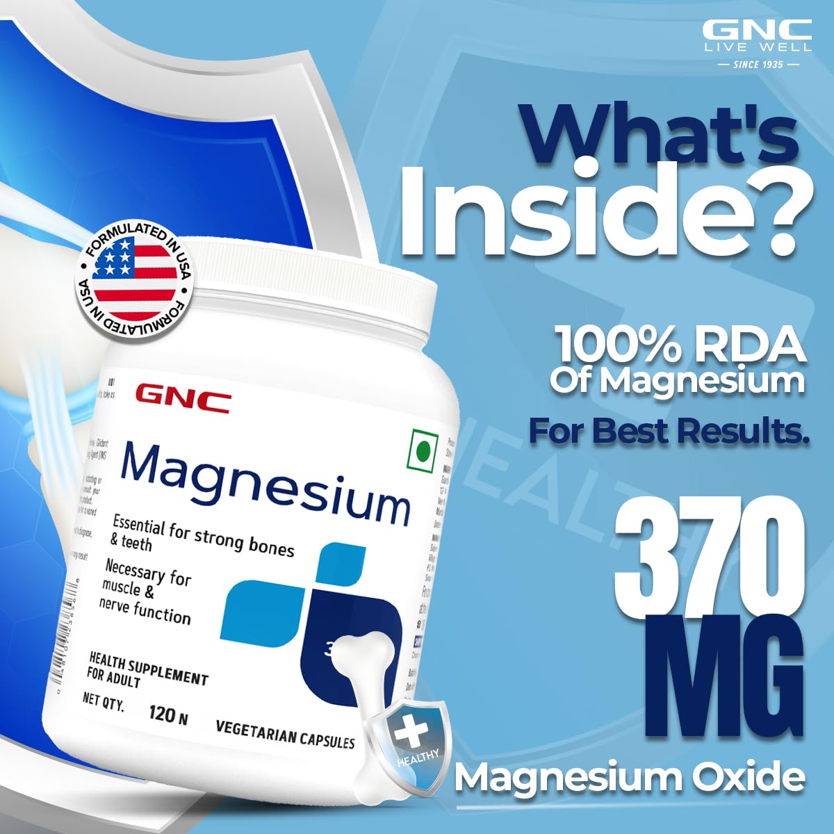 Zephivo GNC Magnesium 370mg | 120 Capsules | Strengthens Bones & Teeth | Promotes Calcium Absorption | Relieves Stress Symptoms | Supports Cell Functions | Formulated in USA | 370mg Per Serving