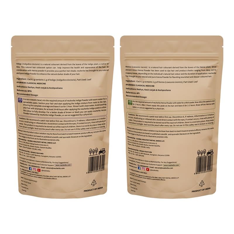 Neuherbs Henna and Indigo Powder for Hair (100 gm Each), Combo Pack | Pure & Natural Powder for Colouring and Nourishing Hair | With No Artificial Colour & Additives