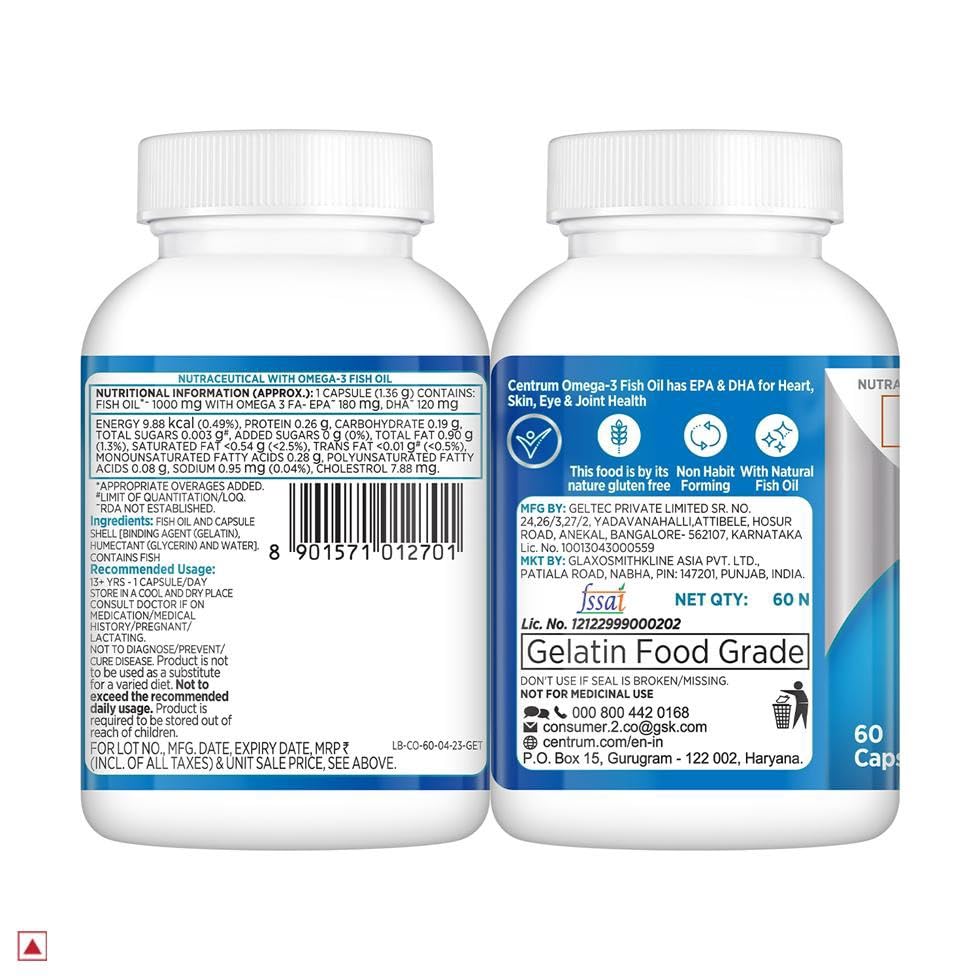 Centrum Omega 3 Fish Oil Capsules 1000mg Supplements | Omega 3 with 180mg EPA, 120mg DHA for Hair and Skin Health, Joint Health, Brain Health | No Fishy Aftertaste - 60 Capsules