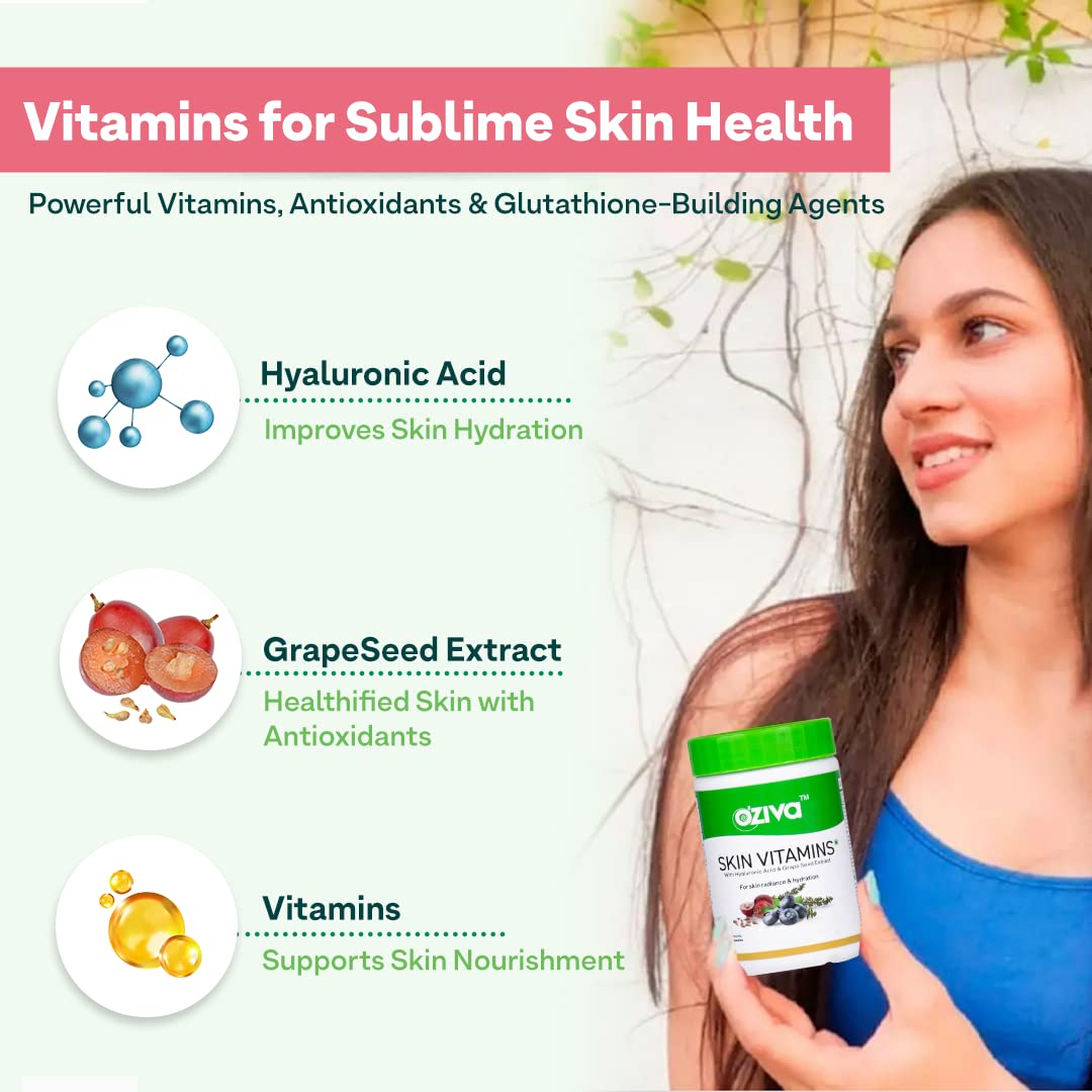 OZiva Skin Vitamins 60 Capsules for Men & Women (with Hyaluronic Acid, Vitamin E & C for Radiant Skin & Hydration, Certified Clean & Vegan, 50 grams