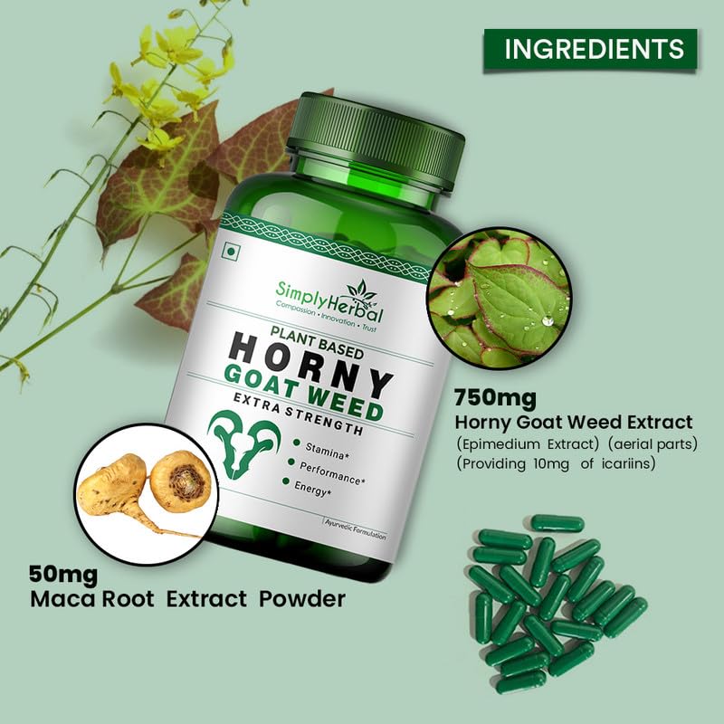 Simply Herbal Horny Goat Weed Capsules for Men & Women | With Maca Root, Tongkat Ali & Ginseng | 800mg per Serving | 60 Vegan Capsules | Energy, Vitality & Endurance Support Supplement
