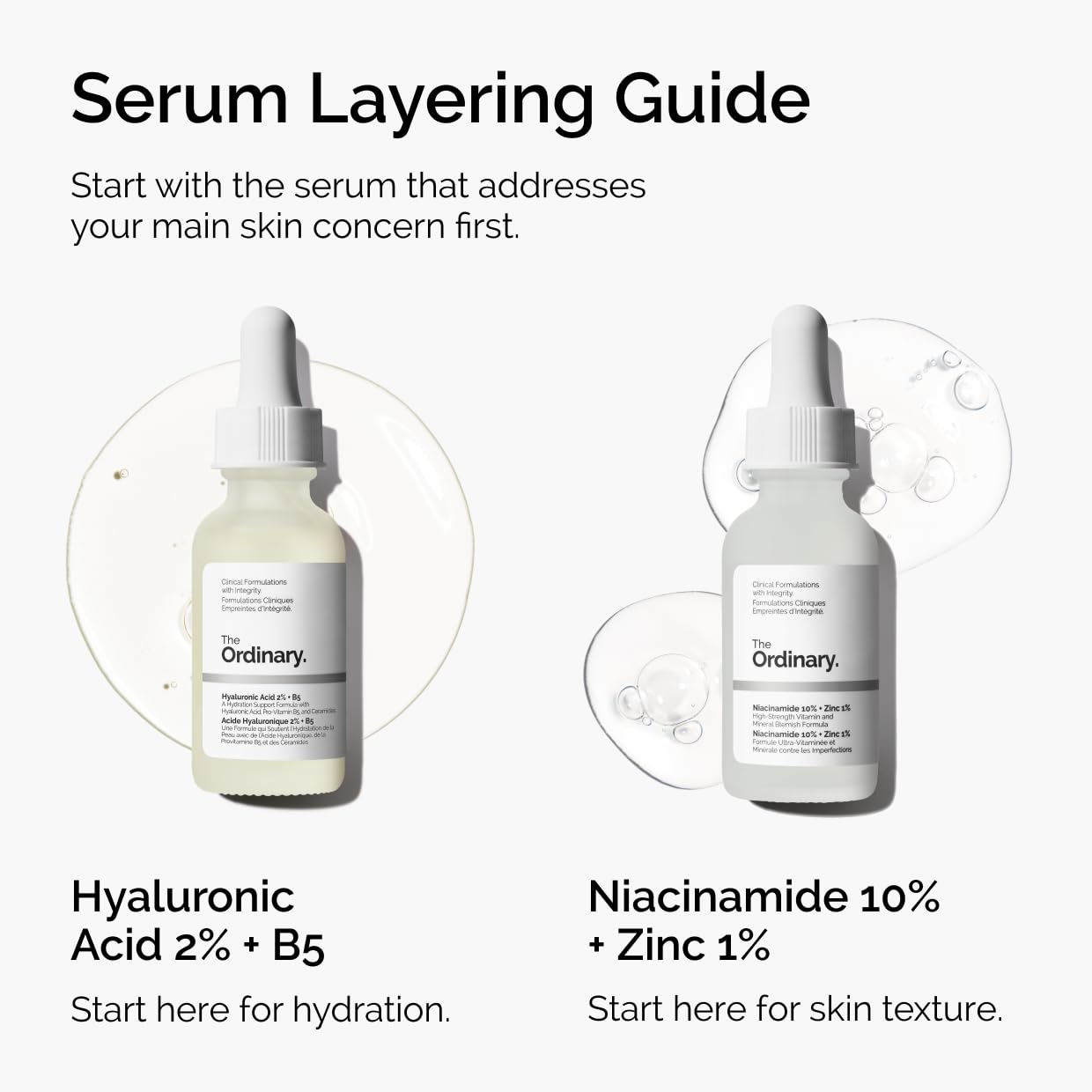 Two bottles of The Ordinary serum with text on a white background