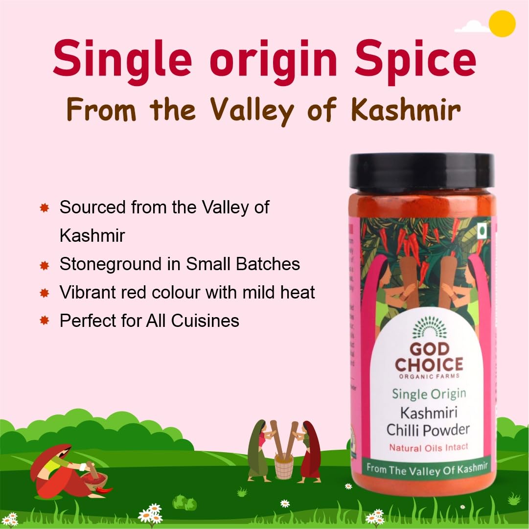 GOD CHOICE ORGANIC FARMS Kashmiri Chilli Powder 200G||Sourced from the valley of Kashmir|Stoneground|100% Pure With Natural Oils Intact|No Artificial Colours or Additives|Organic Spicy Masala