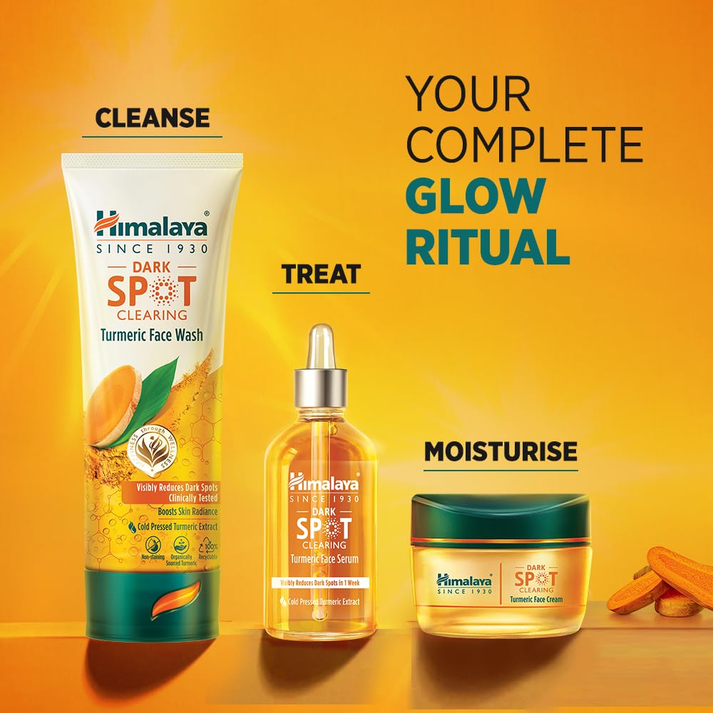 Himalaya skincare products on a yellow background with text indicating a skincare routine.