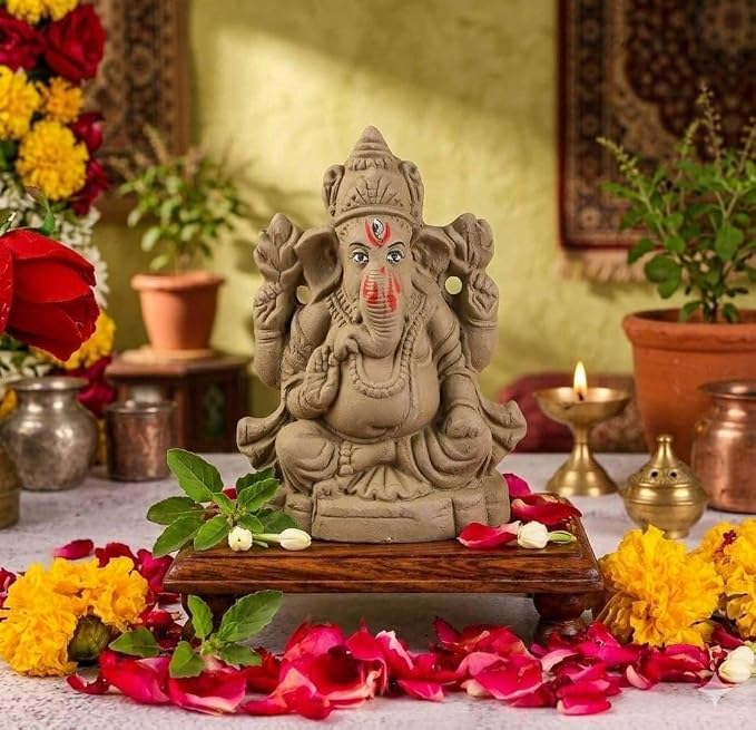 4 Inch Eco Friendly Mitti Ganesh Idol Handcrafted Clay Ganpati Murti for Ganesh Chaturthi Visarjan | Small Ganesha Statue for Home Pooja Decor Gift 10x7x10 cm | Export Quality