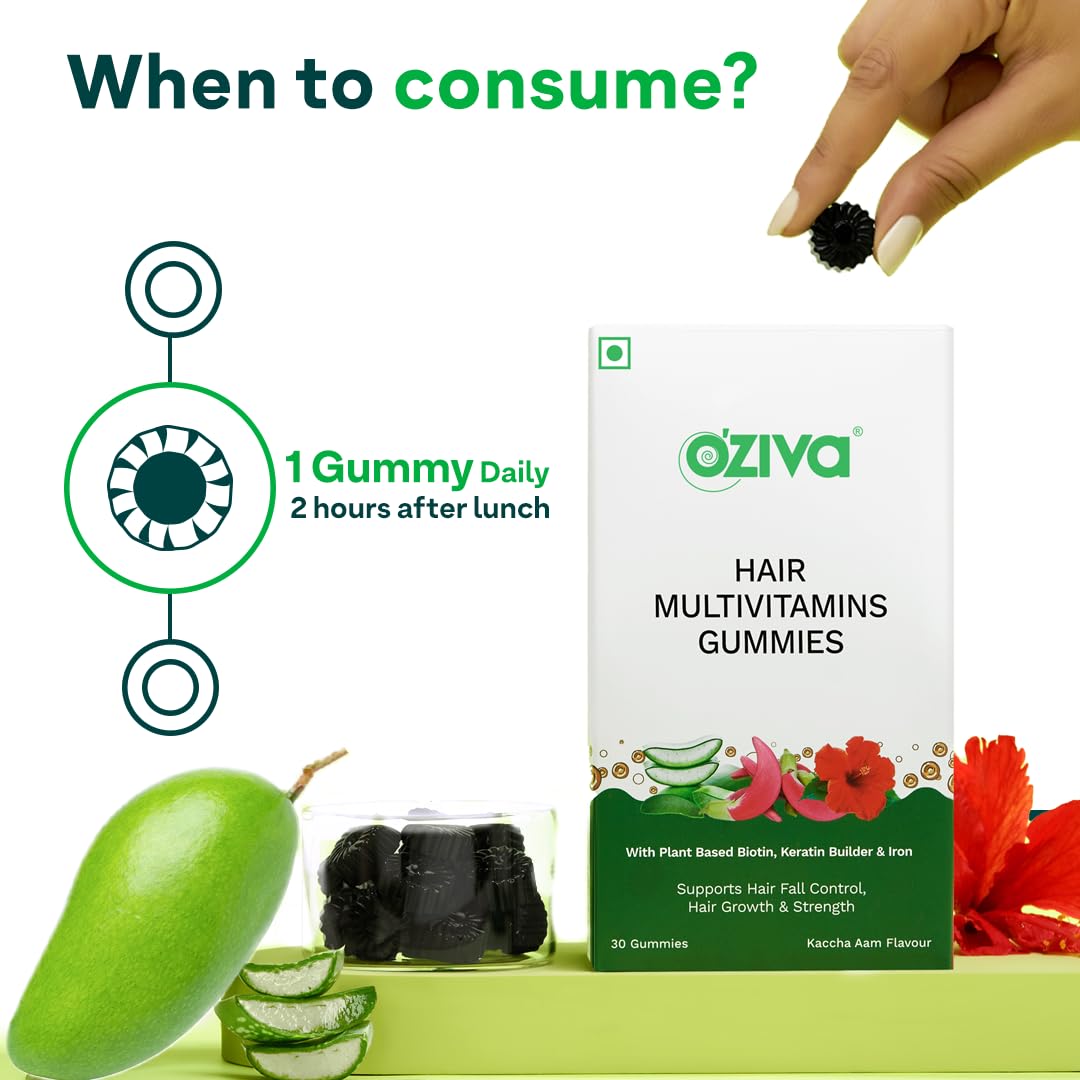 OZiva Biotin Hair Multivitamins Gummies For Stronger,Fuller,Shinier Hair|Hair Gummies With Keratin Builder,Iron&Vitamins B9,B6&D|Raw Mango Flavour|No Added Sugar (Pack Of 1,30 Gummies)