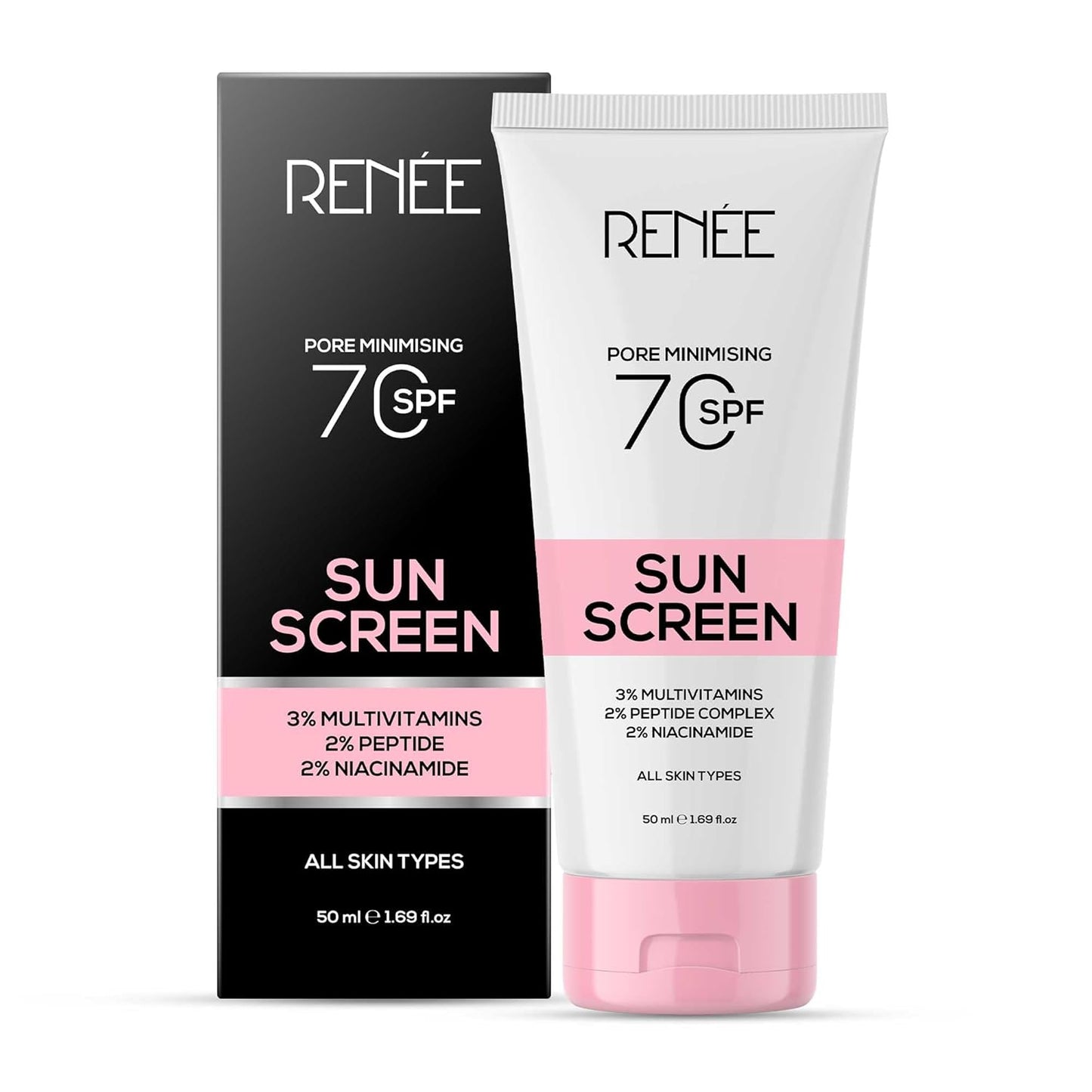 Two bottles of Renee Sunscreen with black and white packaging on a light gray background