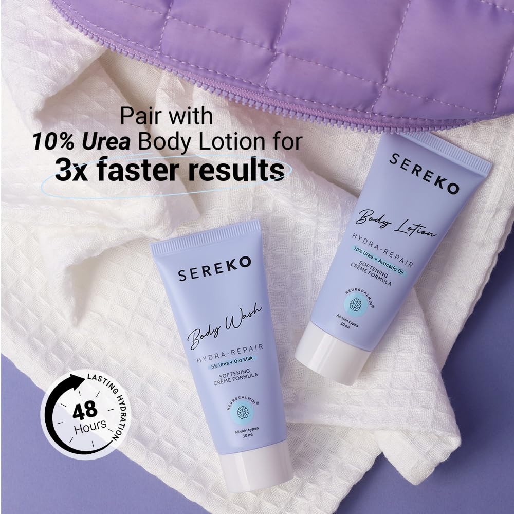 Serekø body wash and lotion with promotional text on a white towel background