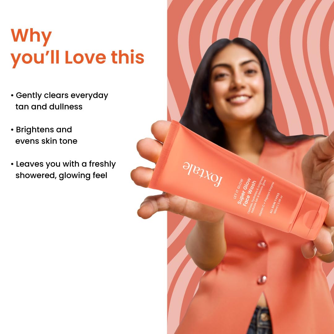 Foxtale Vitamin C Super Glow Face Wash with Papaya enzyme | Reduces Tan | Boosts Glow | Gently Exfoliates & Brightens Skin | Reduces Pigmentation | Face Wash for Men & Women- 100ml