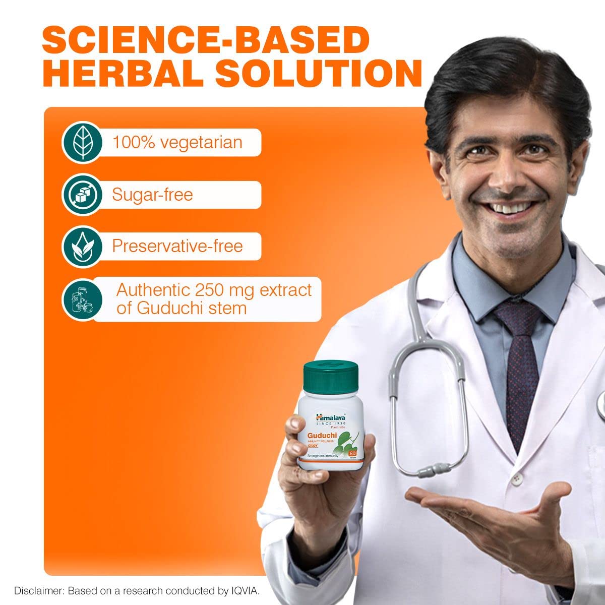 Man in a white coat holding a bottle labeled 'Science-Based Herbal Solution' with an orange background.