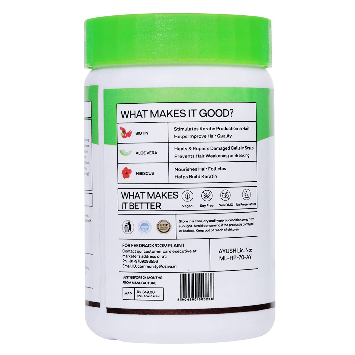 OZiva Plant Based Biotin Xtra | Biotin for hair growth & Regeneration | Biotin 7000 mcg+ with Keratin Builder, Sesbania Agati & Aloe Vera (60 Capsules)