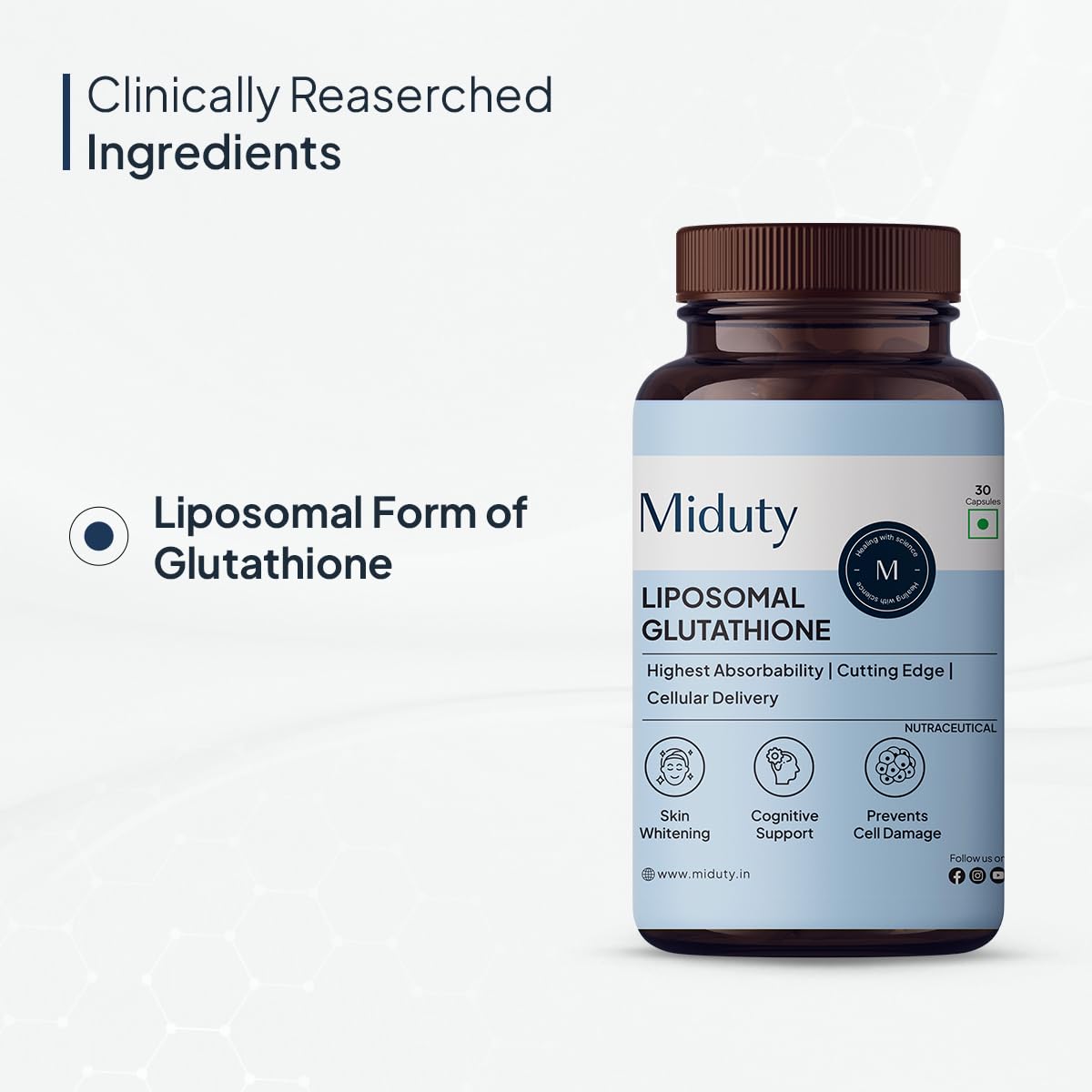 Zephivo Miduty by Palak Notes Liposomal Glutathione - Highest Bioavailability - Glutathione for skin - Face glow - Skin Hydration - Liver Health -Detoxification Support - 30 Caps