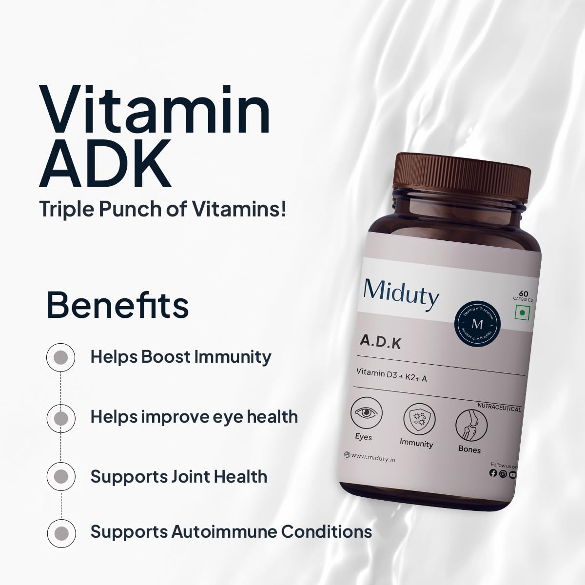 Zephivo Miduty by Palak Notes Vitamin ADK, Vitamin D3 and K2 Supplements, Cholecalciferol Vitamin D3, Boost Immunity, Stronger Bones, Vitamin ADK Supplement, Immunity Booster Capsule - 60 Capsules