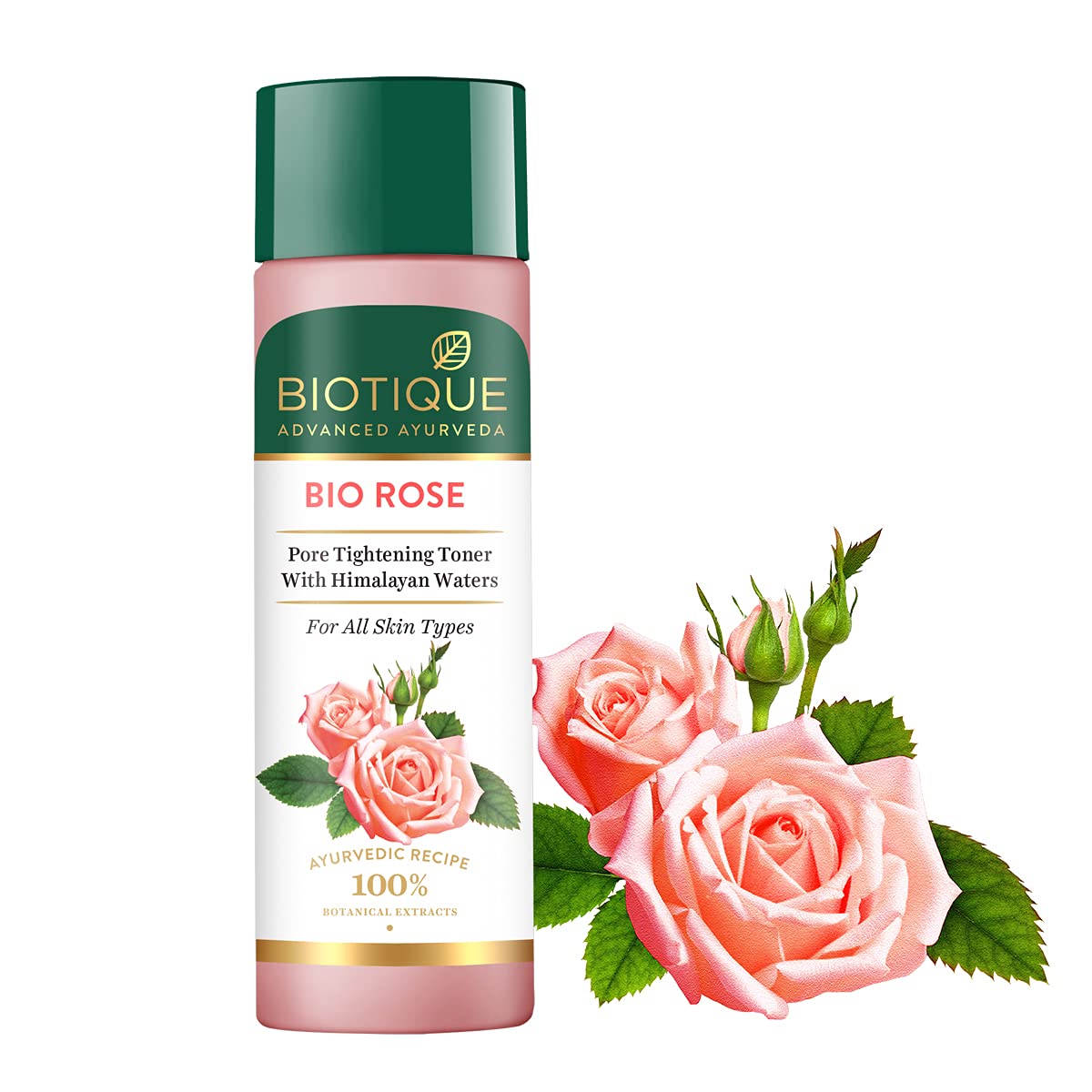 Biotique Bio Rose toner bottle with roses on a white background