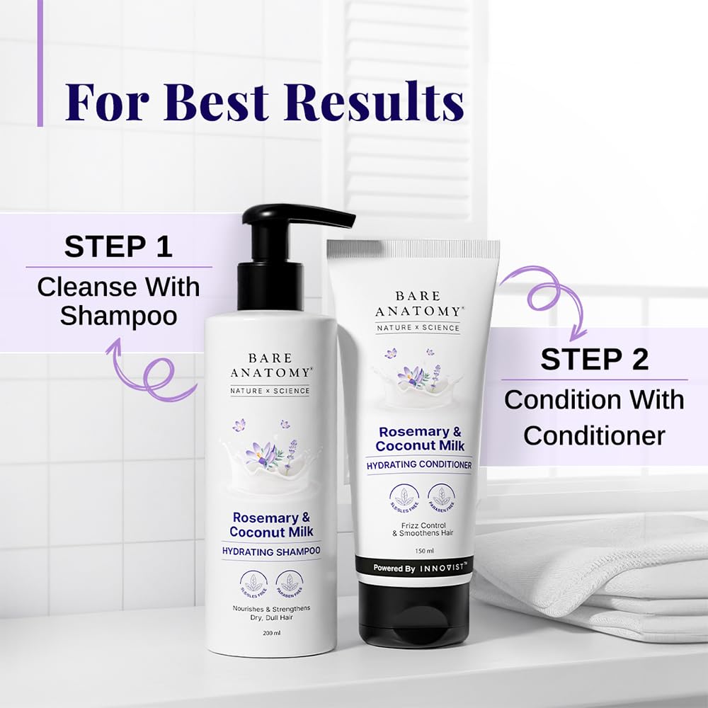Bare Anatomy shampoo and conditioner bottles with step-by-step instructions on a white background.