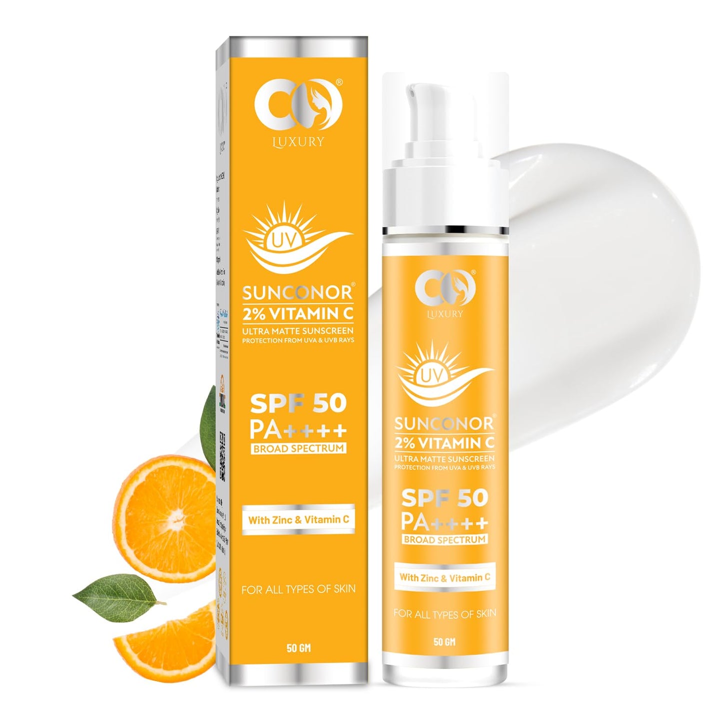 CO LUXURY 2% Vitamin C Sunscreen SPF 50 PA+++ | Water Resistant & Non-Greasy, Broad Spectrum Sunblock with Vitamin C, Zinc Oxide & Glycerine | Matte Finish, UVA/B Sun Protection for Women & Men | 50 gm