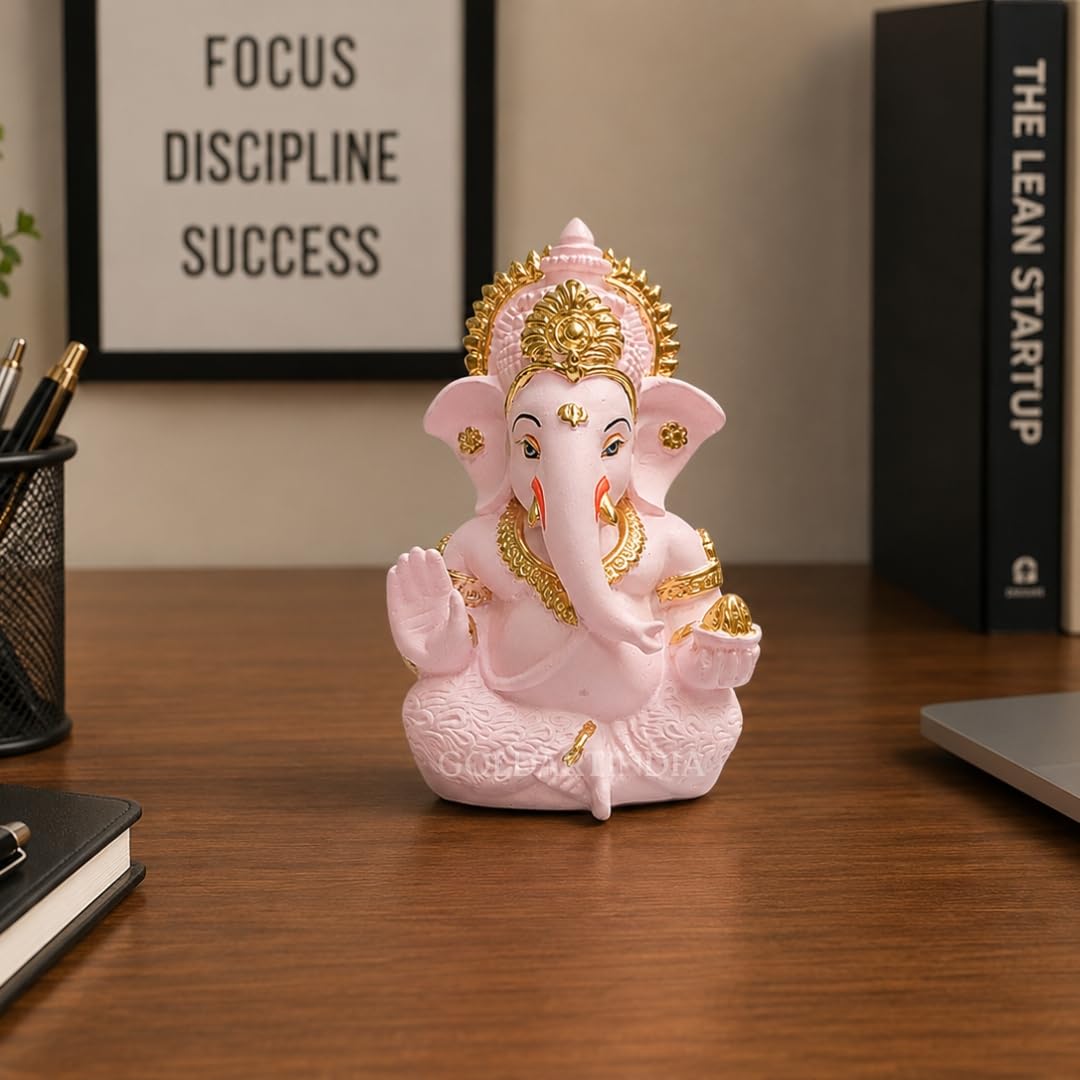 Gold Art India Pink Finish Lord Ganesha Idol for Car Dashboard & Home Decor | Ganpati Murti for Puja Room & Office Desk | Decorative Gift Figurine (3.5 Inches)