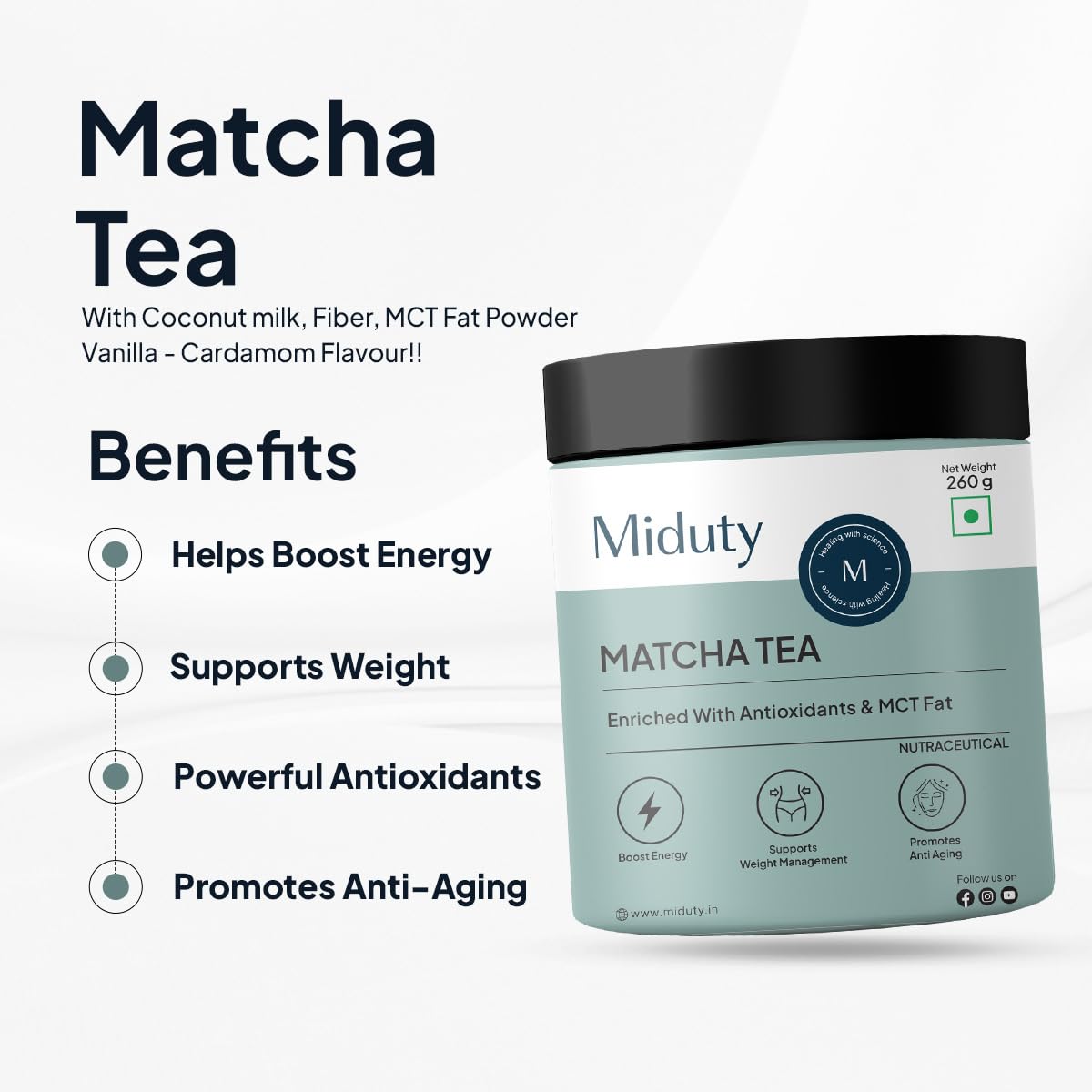 Zephivo Miduty by Palak Notes Matcha Tea - Detoxifying Drink, Fat Burner - Energy Booster, Weight Management - Promote Anti Aging & Gut Health, MCT Fat - L-Theanine With Coconut Milk - Vanilla flavour - 260g