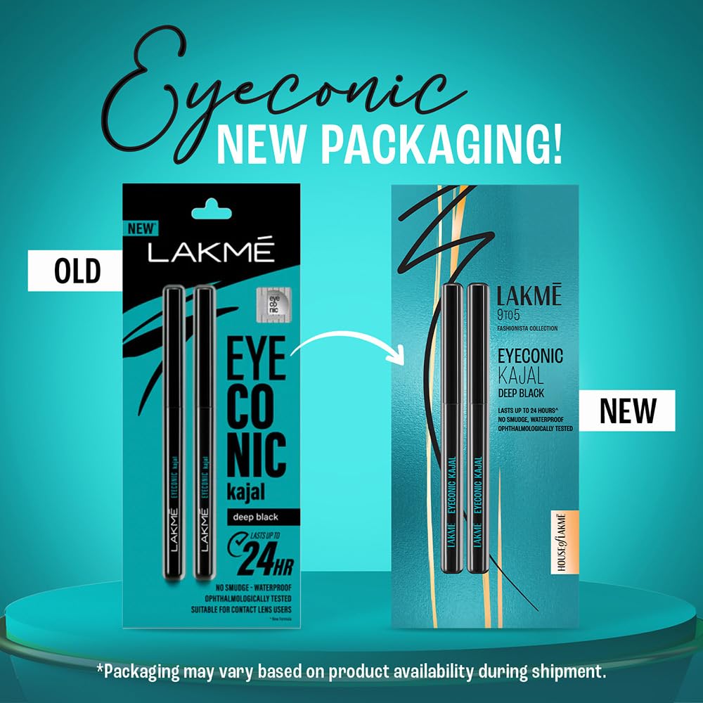 Lakme 9 to 5 Eyeconic Kajal Twin Pack, Matte Waterproof Kohl, Smudge Proof Kajal Pencils that lasts hours, Pack of 2- Deep Black, 0.35g