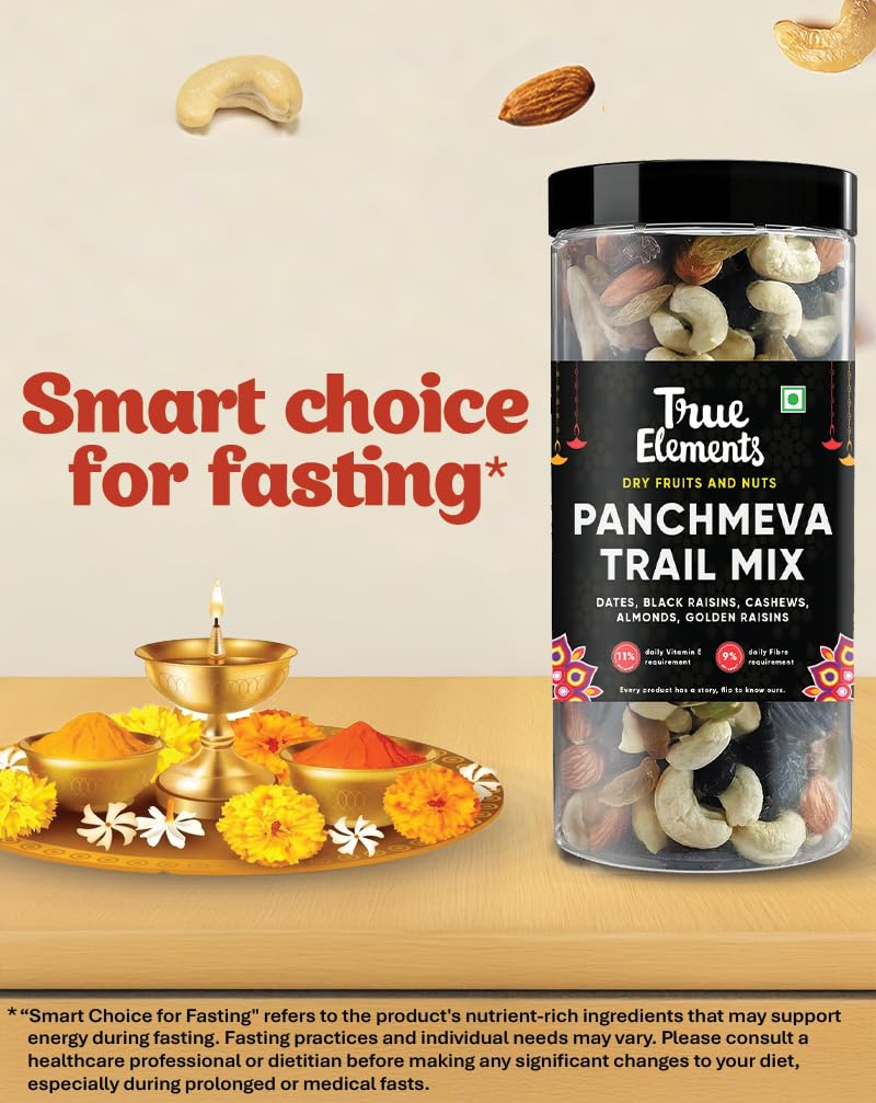 True Elements Panchmeva 1.2kg - Fasting Special Trail Mix | Premium Dry Fruits | 5 Nuts - Almonds, Cashews, Dates, Raisins, Black Currant | Dry Fruits Mix | Healthy Snacks