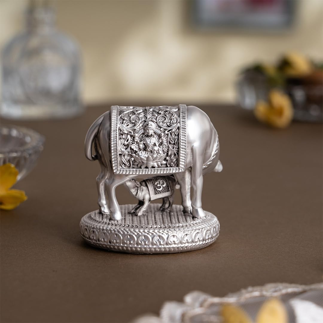 Svastika 999 Silver Plated Kamdhenu Cow with Calf Idol | 2.5 Inch Kamadhenu Gomatha Vastu Showpiece | Kaamdhenu Idol for Puja | Anniversary Wedding Housewarming Gift