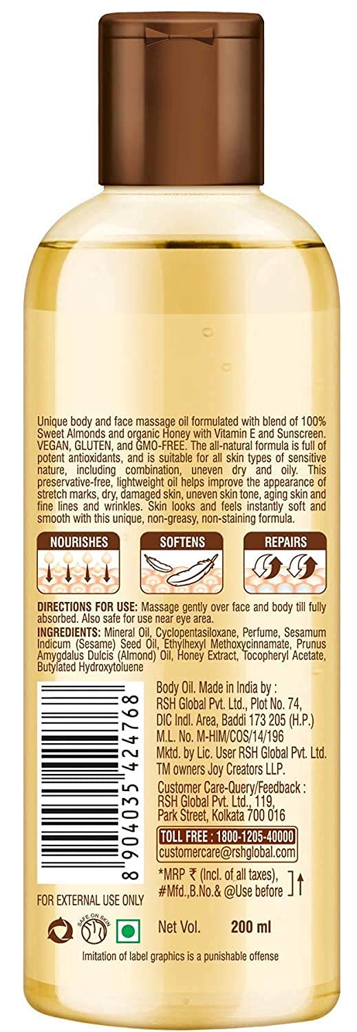 Joy Honey & Almonds Body Oil – After-Bath Daily-Use Badam Massage Oil with Vitamin E & Sunscreen | Full-Body Relaxation, Dry-Skin & Winter Moisture | 200 ml