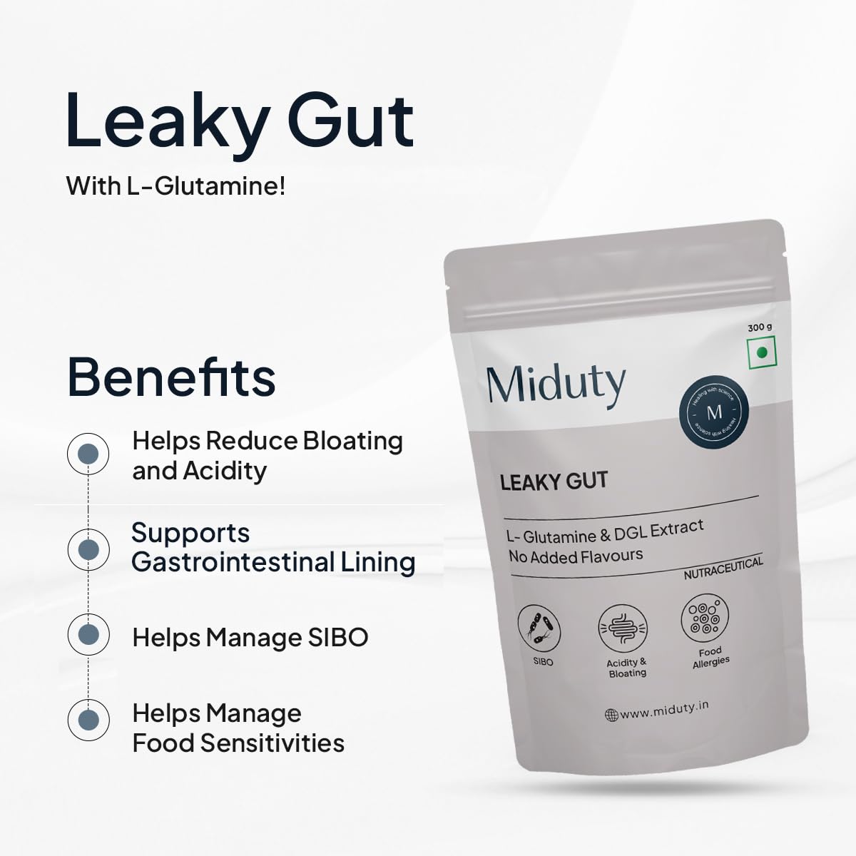 Zephivo Miduty by Palak Notes Leaky Gut Powder - Supports Gastrointestinal lining, Leaky Gut - Helps In Constipation And Heartburn - Advanced Formula with L Glutamine and Aloe Vera Extract - 300 Grams