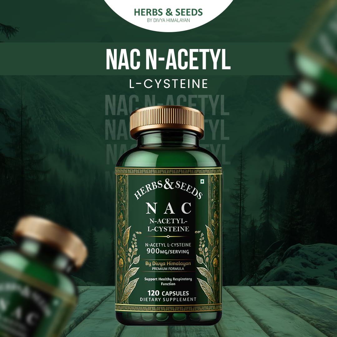 Herbs & Seeds NAC N-Acetyl L-Cysteine supplement bottle on a green background