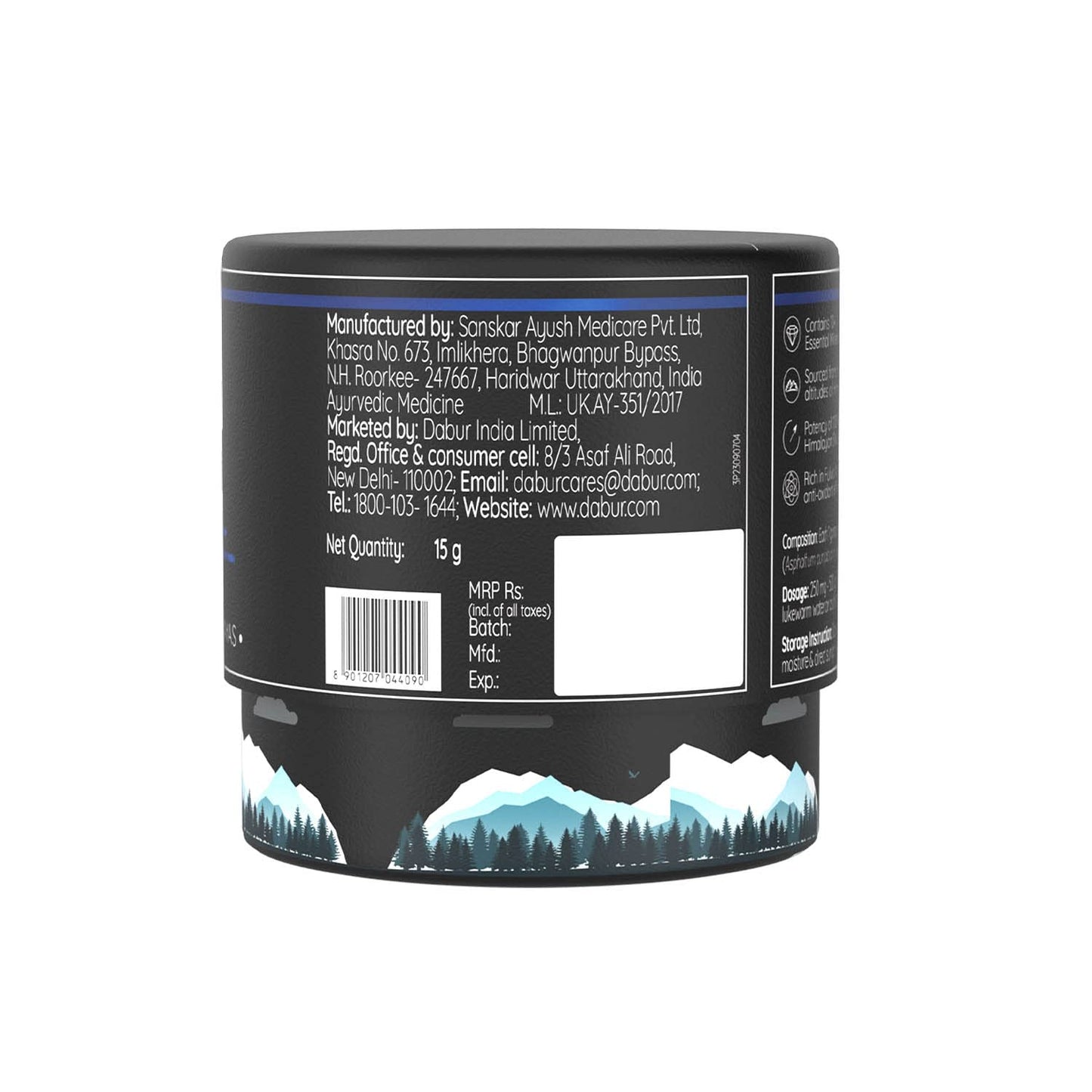 Back label of a container with text and mountain design on a white background