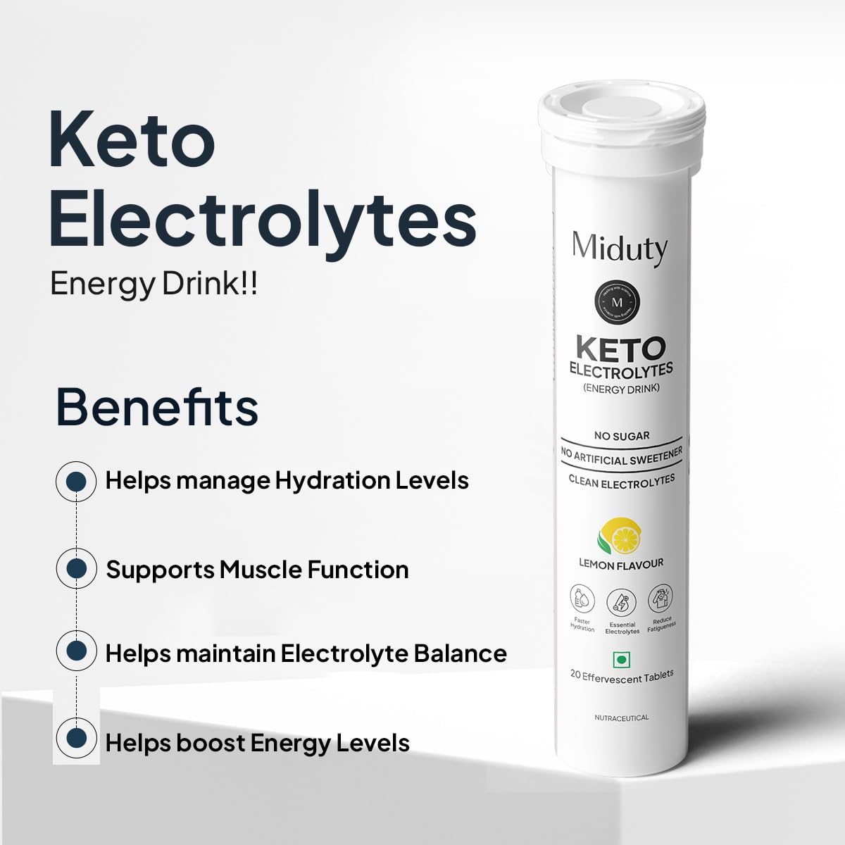 Zephivo Miduty by Palak Notes Electrolytes Drink - Instant Hydration Drink - Lemon Flavor - Sugar-Free Electrolyte Drink - No more fatigue and dizziness - Hydration Electrolyte - 20 Effervescent Tablets