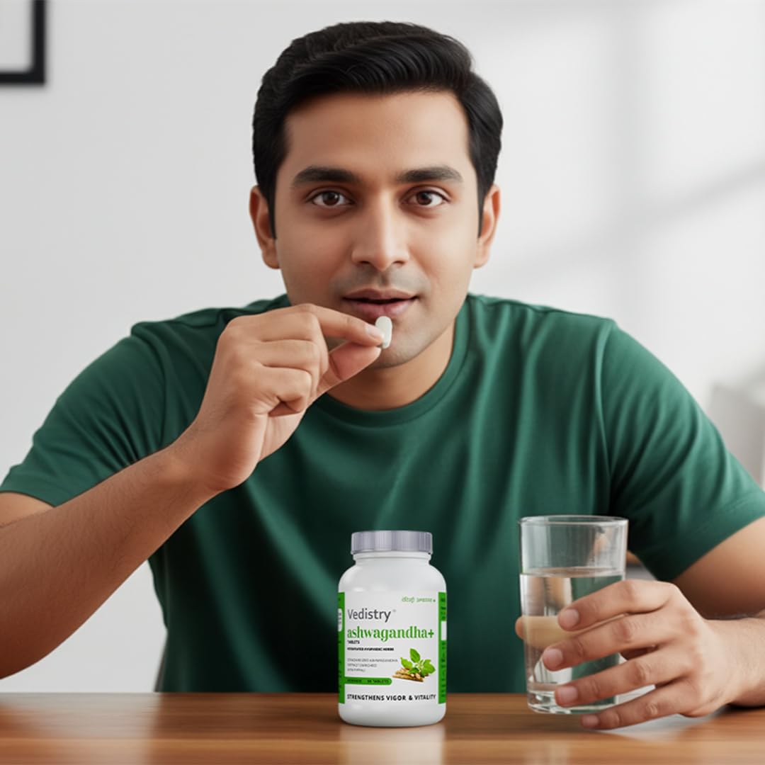 Vedistry Ashwagandha+ Tablets – 60 Tablets | Ayurvedic Tablets for Stamina, Stress, Rejuvenates Mind & Immunity Support with Ashwagandha & Piperine | Natural Supplement for Energy, Vitality, Muscle Recovery & Strength (Pack of 1)