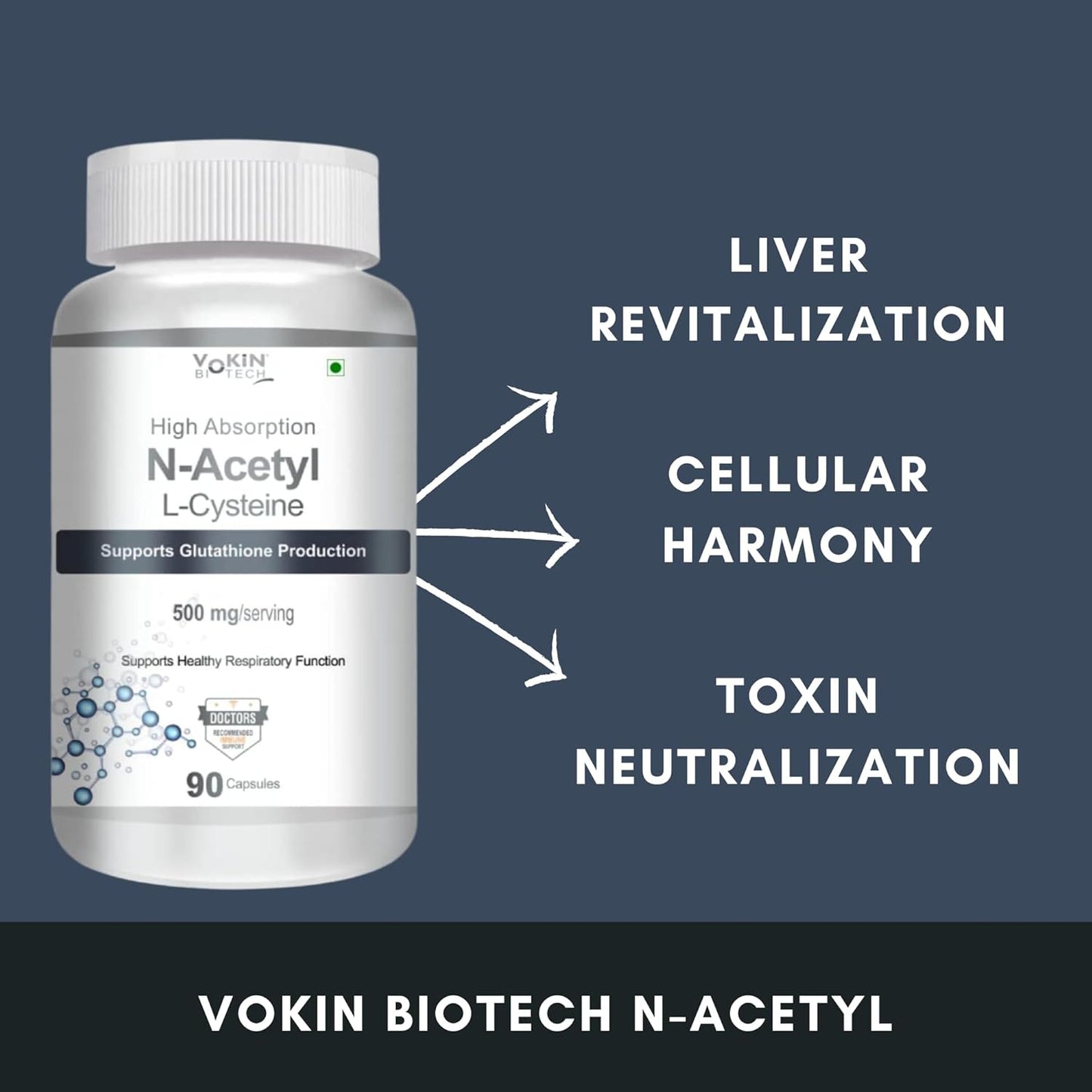 Vakin Biotech N-Acetyl supplement bottle with text on a dark blue background