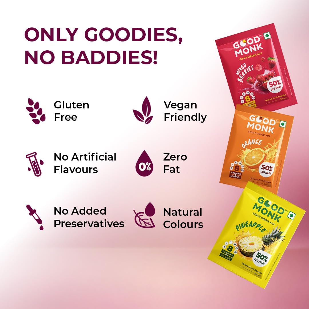 Good Monk Fruit Drink Mix (Assorted - Natural Orange, Mixed Berries, Pineapple Powder), 50% Less Sugar with 8 Vitamins & Minerals. Tasty & Healthy Mix for Hydration, Energy, Immunity. 8x3 = 24 sachets