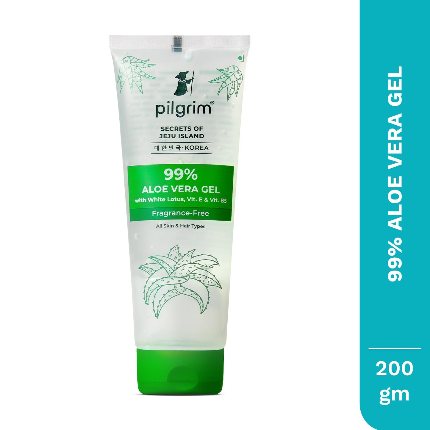 PILGRIM Korean 99% Pure Aloe Vera Gel 200ml with Vitamin E & Vitamin B5 for Face & Hair | Hydrates & Soothes Skin | Conditions & Softens Hair | Free from Parabens, Sulphates, Mineral Oils & Fragrance I For Women and Men