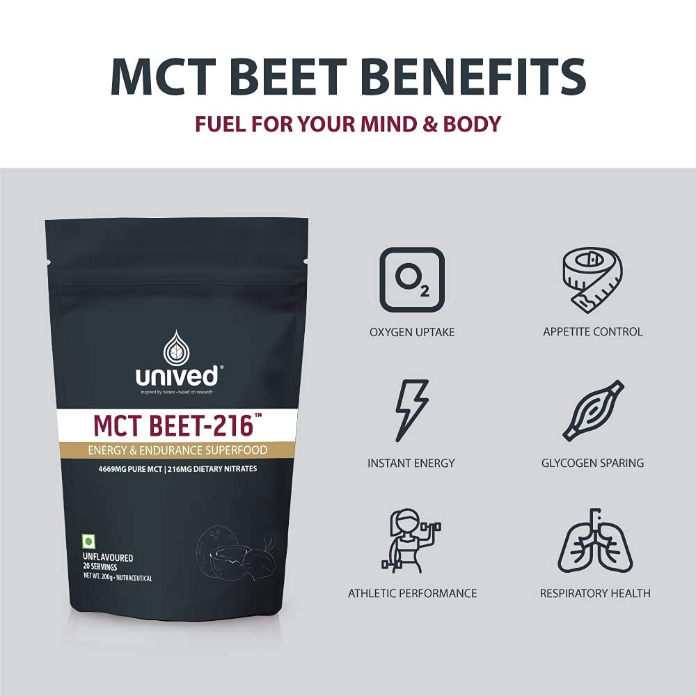Zephivo Unived MCT Beet-216 | Energy & Endurance Superfood | Pure MCT 4.6g 70/30 C8:C10 & 216mg Dietary Nitrates | Vegan & Keto Friendly | 200g