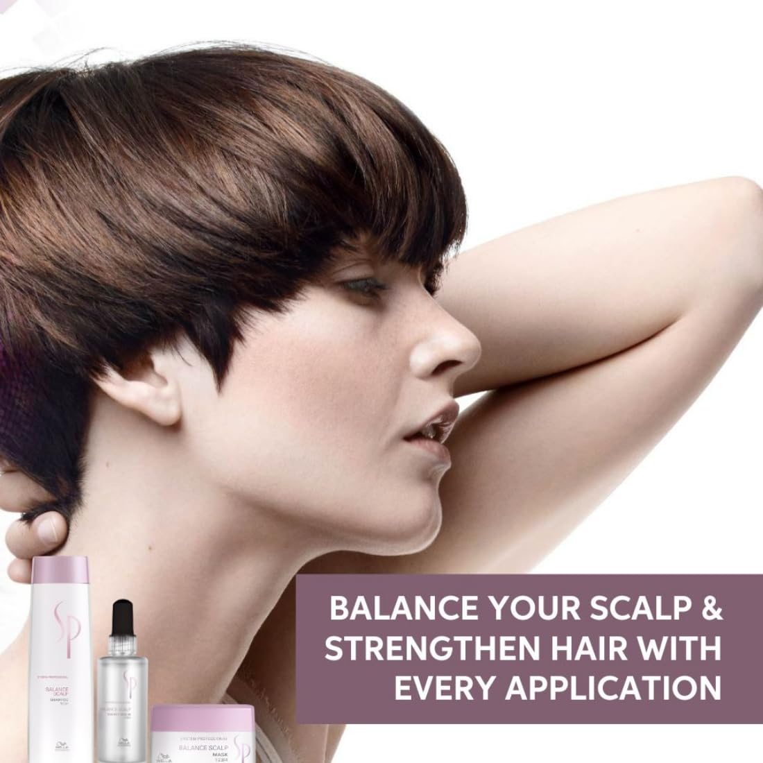 Woman with short hair touching her neck, with hair care products and text on a white background
