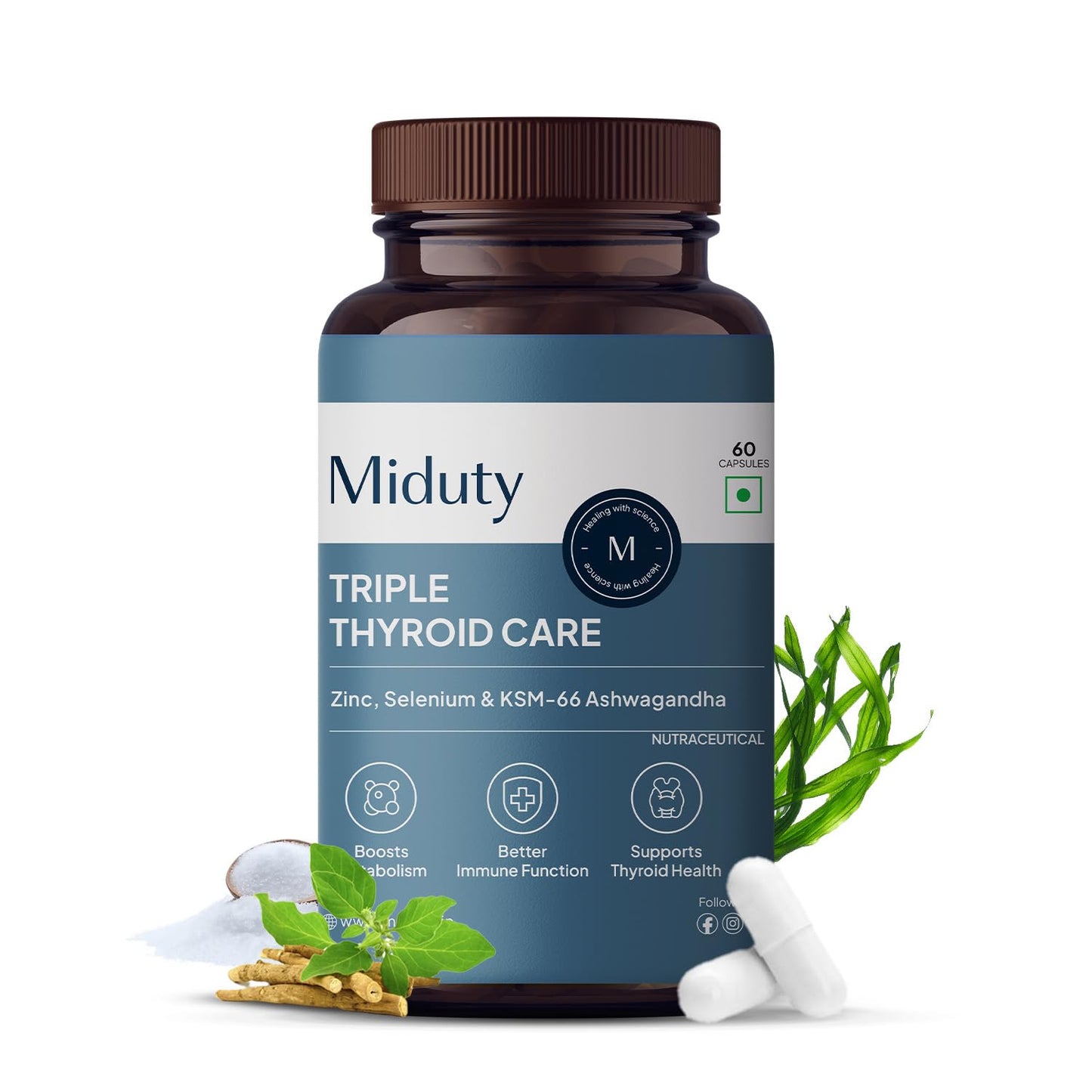 Zephivo Miduty Palak Notes Triple Thyroid Care Supplement - Rapid Action Formula - KSM-66 Ashwagandha - Sea Kelp - Zinc - Vitamin B1-Selenium-L-Tyrosine - Supports Thyroid Health - Good mood - 60 Capsules