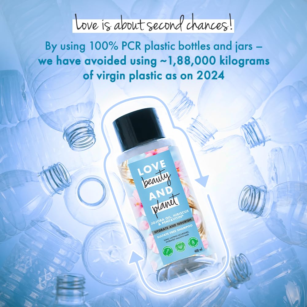 Product packaging with sustainability message about using PCR plastic bottles on a blue background.