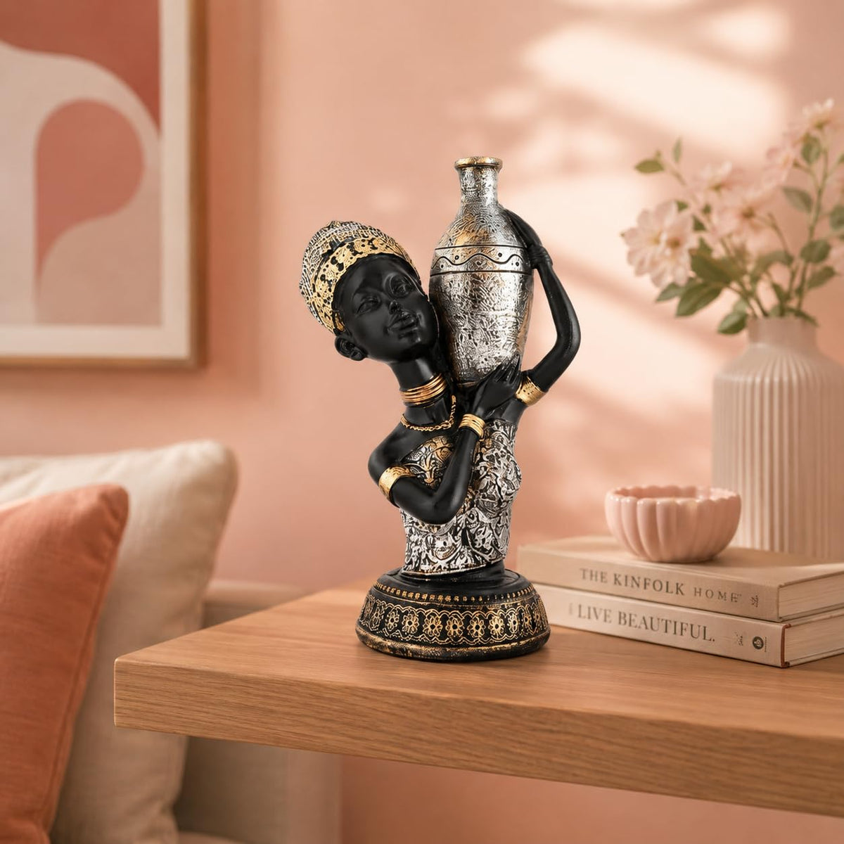 Beautiful African Lady with Pot for Table Décor | Home Décor (Pack of 1, Black,Silver & Golden)