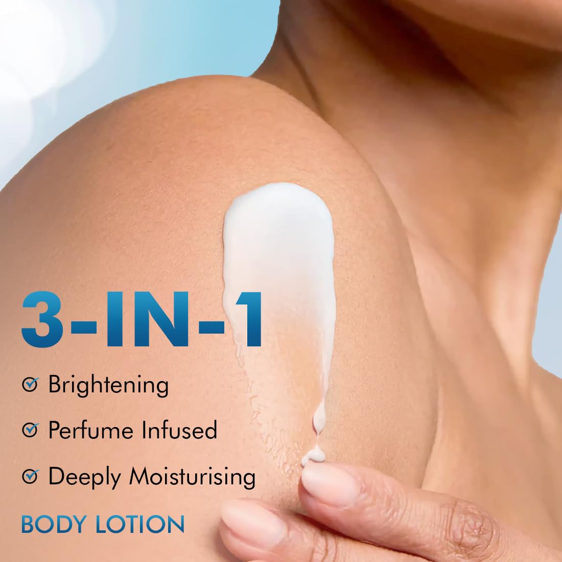 Body lotion being applied to a shoulder with product features highlighted