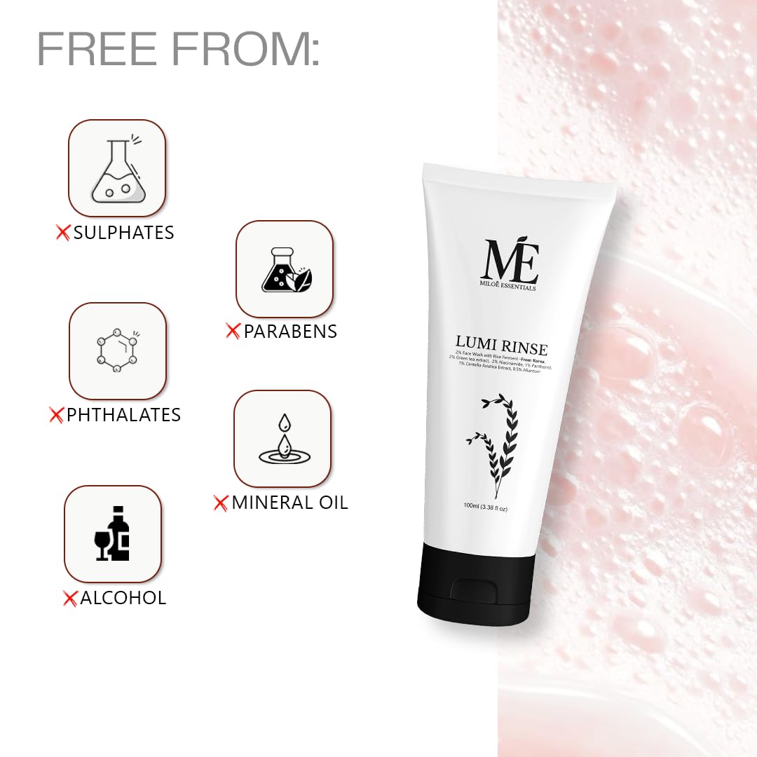 Miloé Lumi Rinse Face Wash 100ml | Korean Brightening Cleanser | Daily Care with Rice Ferment, Green Tea & Niacinamide | Sulfate-Free for Glowing, Even-Toned Skin | Non-Comedogenic | All Skin Type