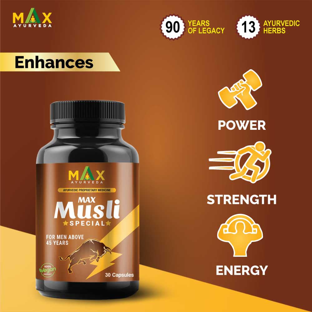 Max Ayurveda Musli Special Capsules For 45+ Men | Power, Strength, Energy and Stamina Booster | 100% Vegan | Premium Ayurvedic Supplement - (30 Capsules)