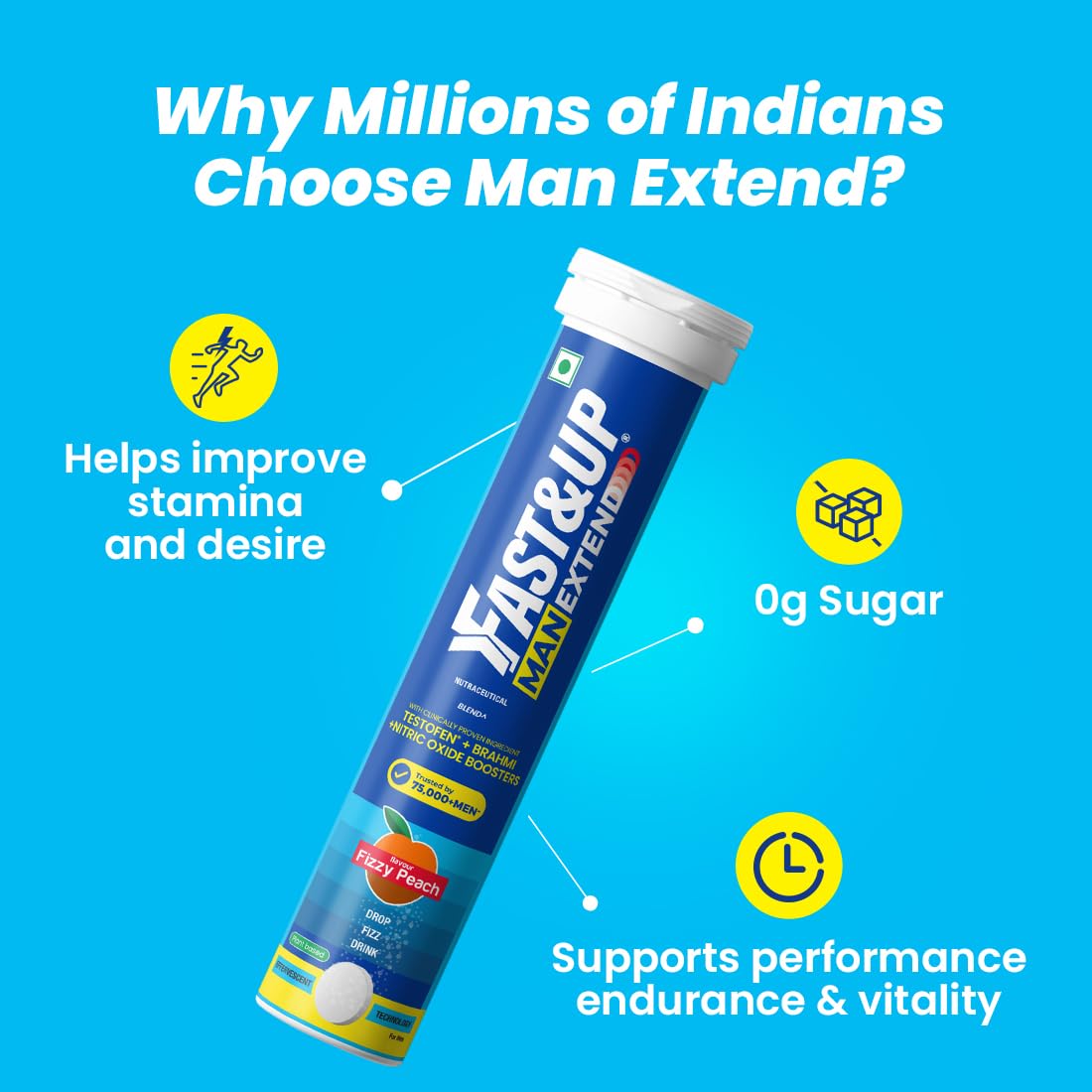 Man Extend supplement tube with features on a blue background