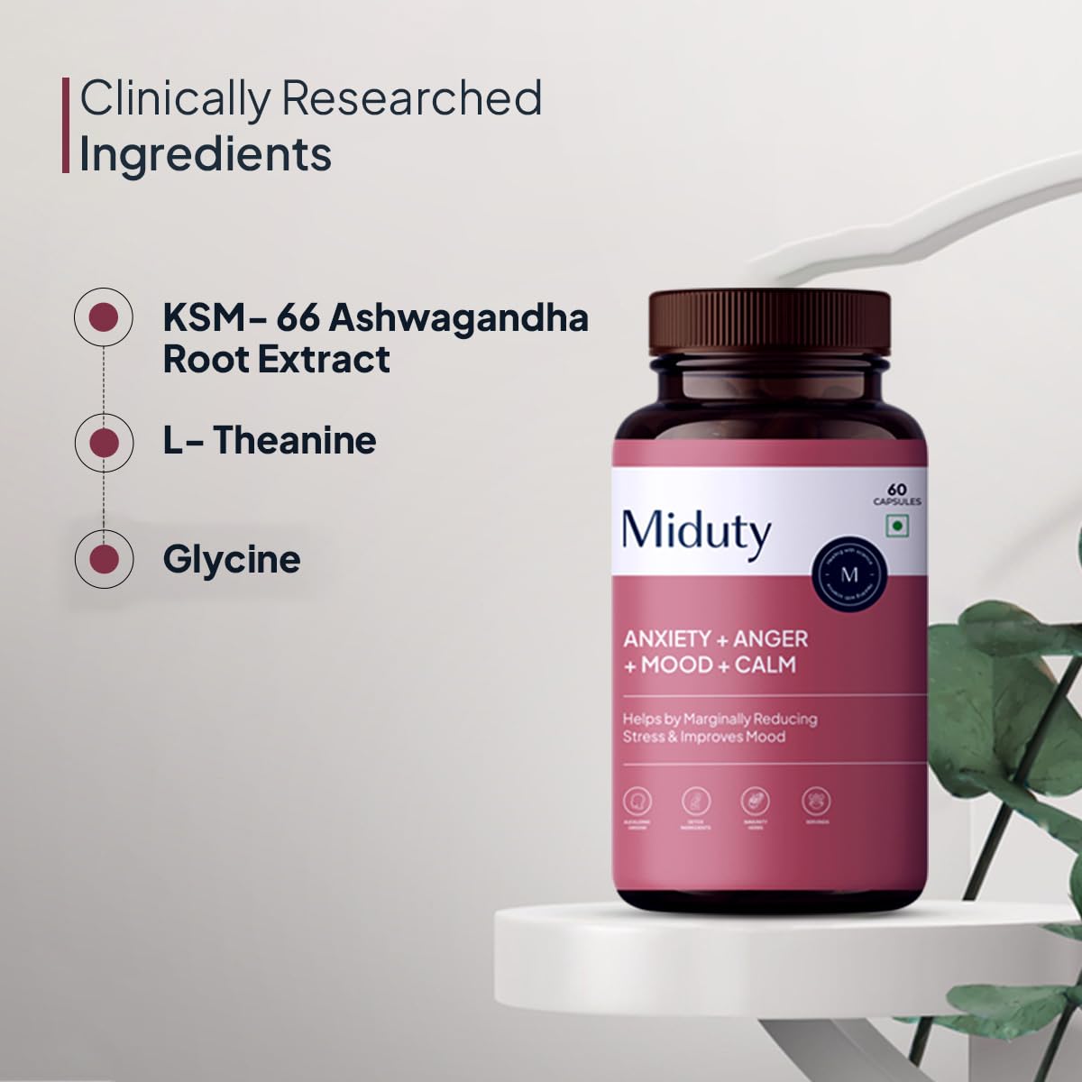 Zephivo Miduty by Palak Notes Anxiety Anger Mood Calm Supplement For Happy Mood, Anti Depressant - KSM - 66 Ashwagandha Root - 5 HTP - L Tryptophan - 60 Capsules