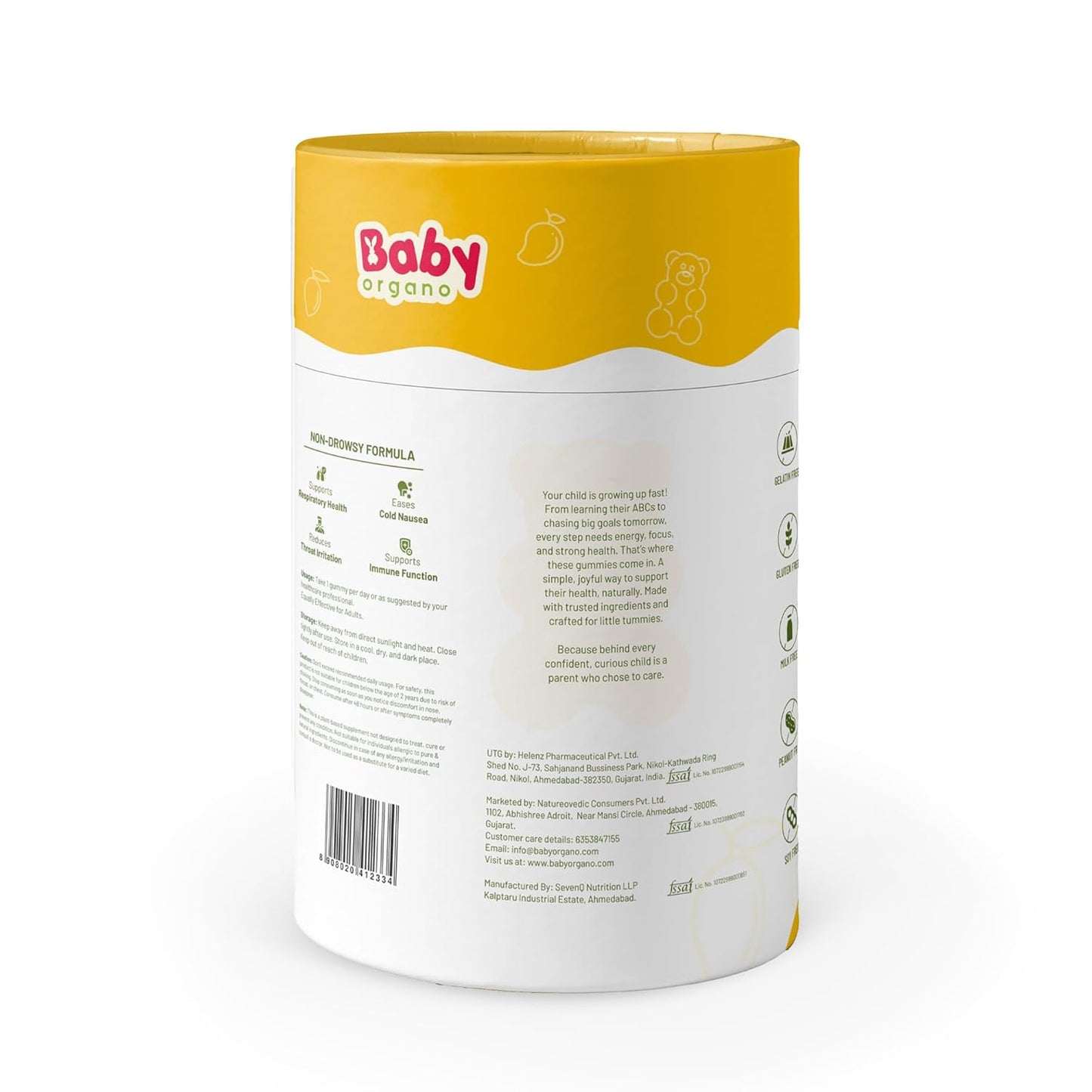 BabyOrgano Cough & Cold Relief Gummies for Kids 2+ Years | Yashtimadhu, 95% Curcumin, Ginger & Honey | Non-Drowsy Ayurvedic | Gelatin Free Gluten Free | Mango Flavour | 30 Gummies