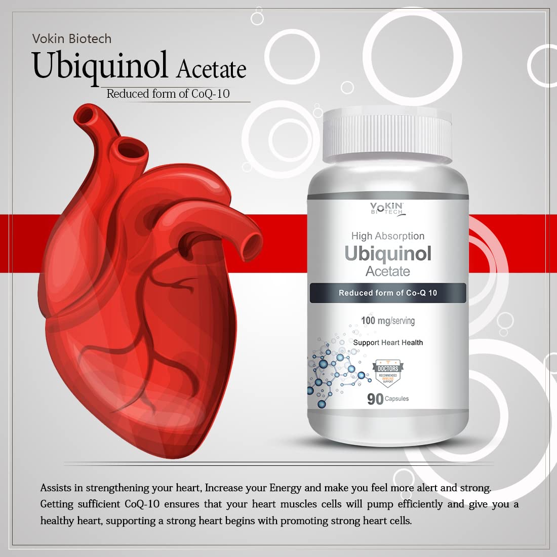 Vokin Biotech Ubiquinol Acetate supplement bottle with a heart illustration on a gray background