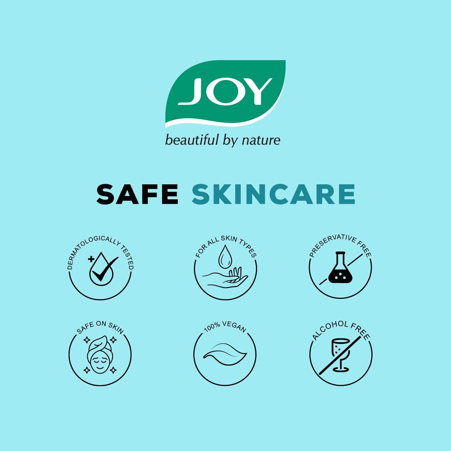 JOY skincare brand advertisement with icons on a light blue background